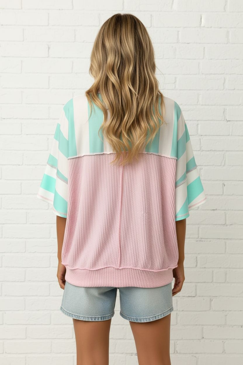 Stripe Ribbed Patchwork Exposed Seam Oversized Tee