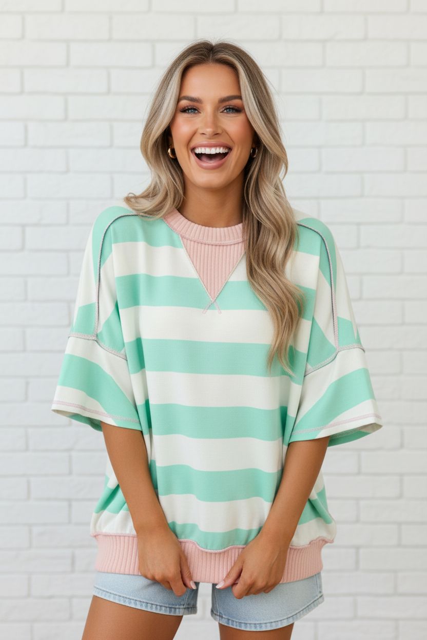 Stripe Ribbed Patchwork Exposed Seam Oversized Tee, Size: sm