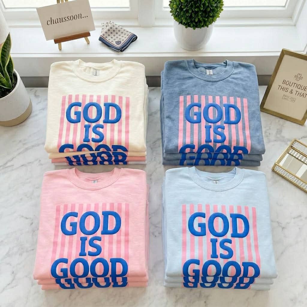 GOD IS GOOD Puff Tee in Chambray, Size: medium