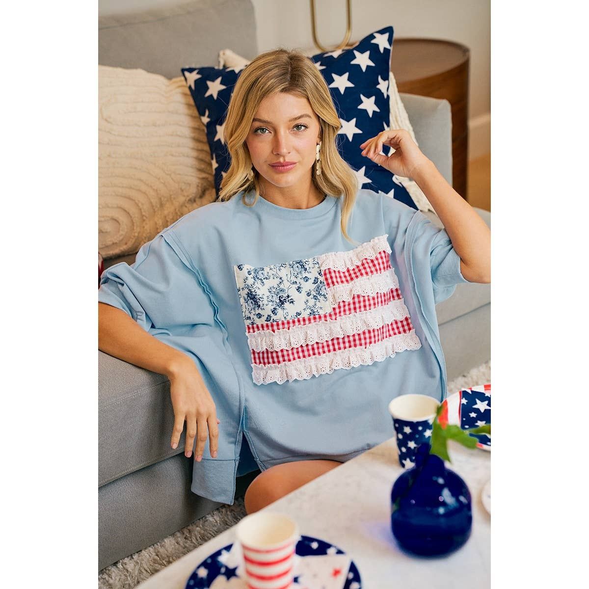 4TH OF JULY PATCHWORK OPEN SEAM FRENCH TERRY TOP