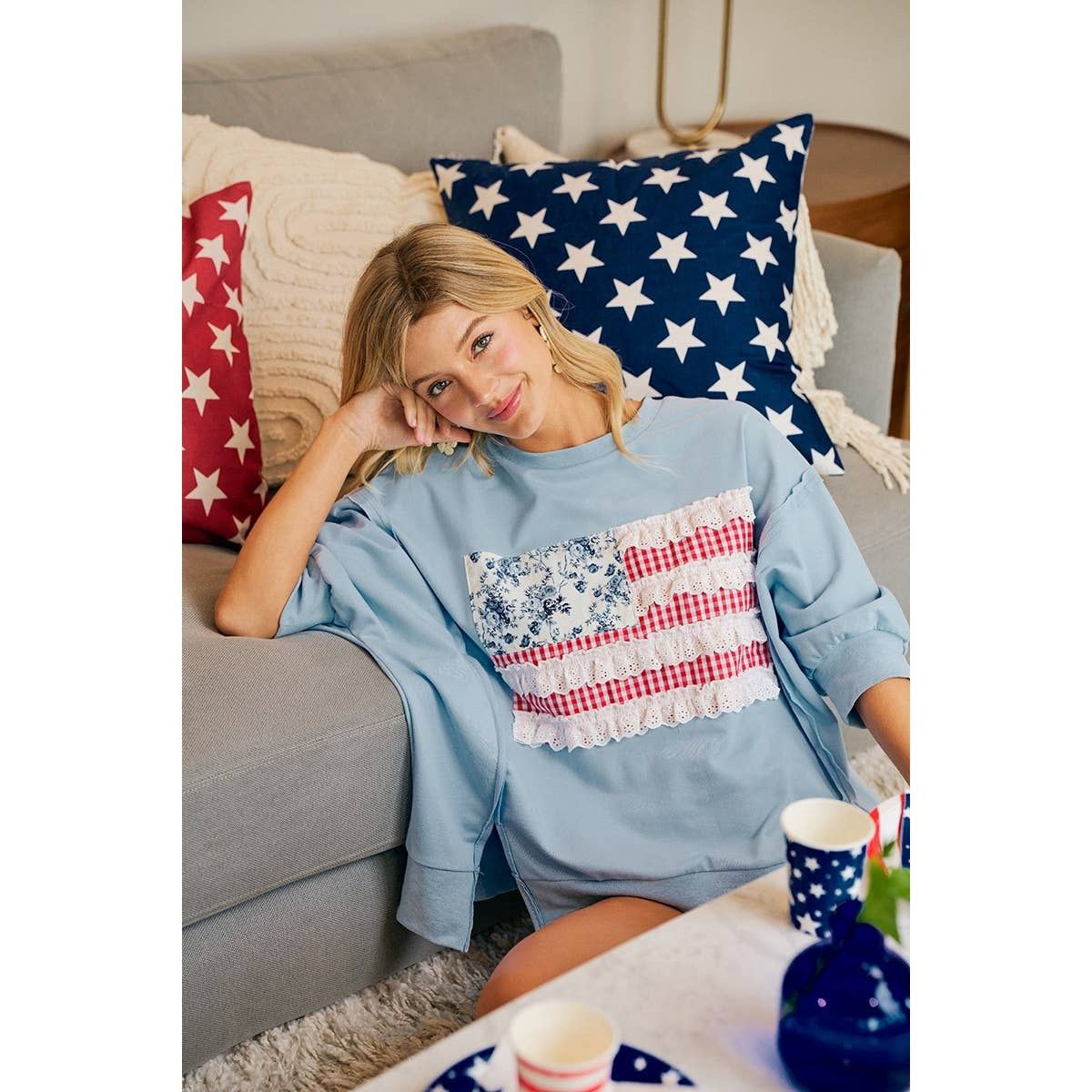 4TH OF JULY PATCHWORK OPEN SEAM FRENCH TERRY TOP