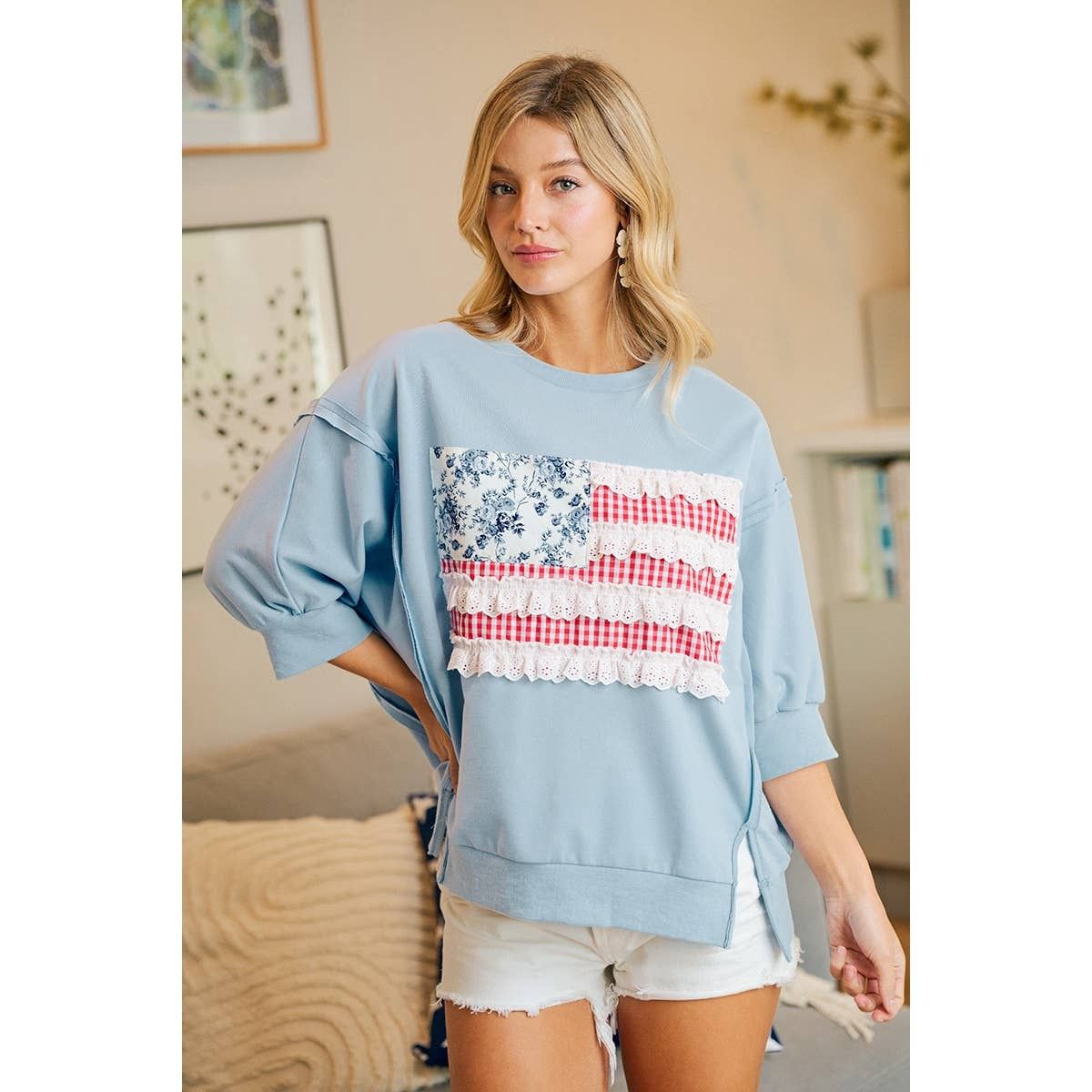 4TH OF JULY PATCHWORK OPEN SEAM FRENCH TERRY TOP