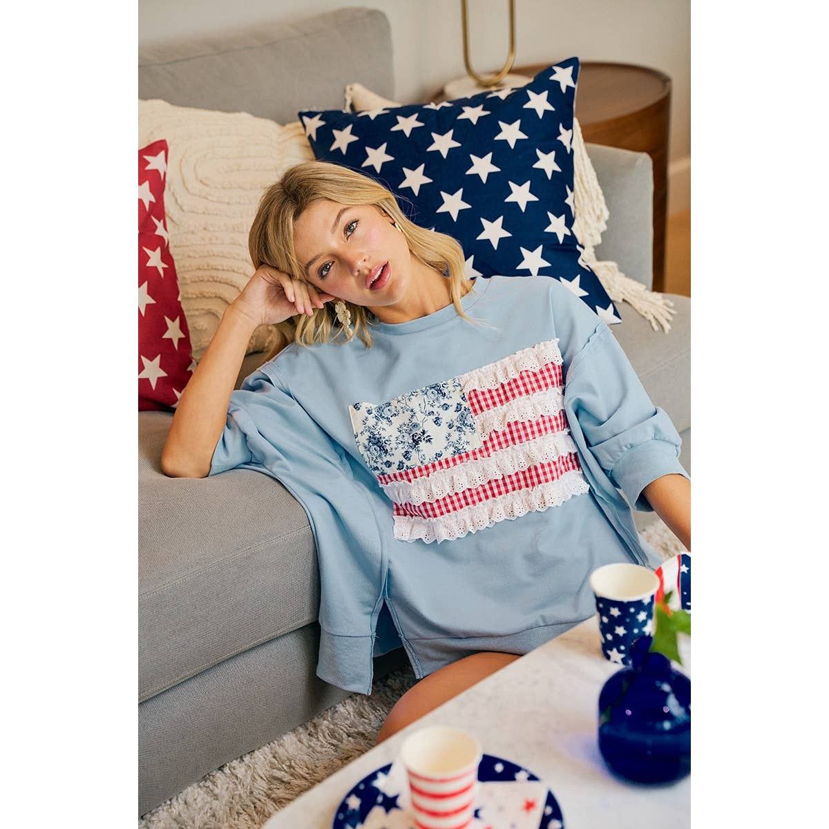 4TH OF JULY PATCHWORK OPEN SEAM FRENCH TERRY TOP