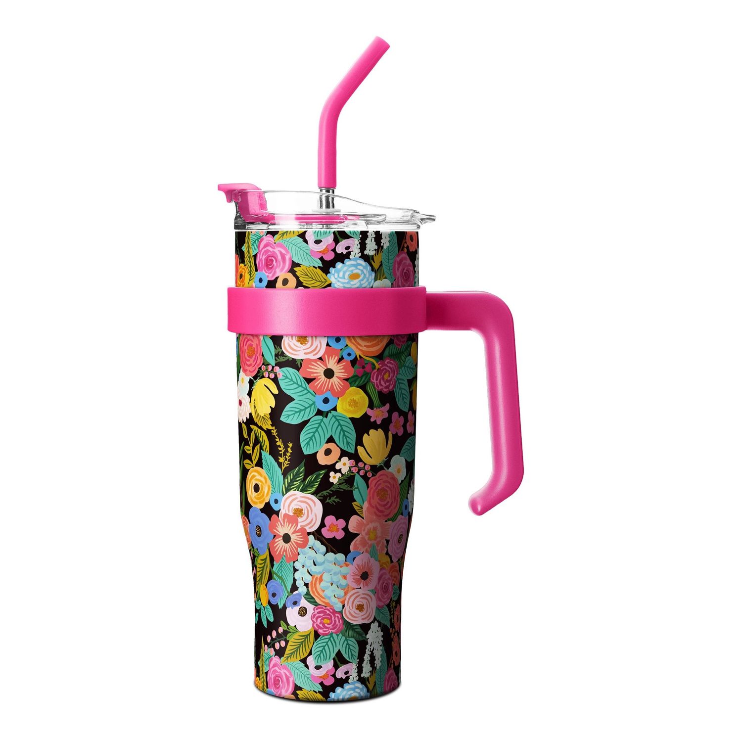 40 OZ Tumbler Insulated with Straw and Handle Elegant Blooming Flower Art