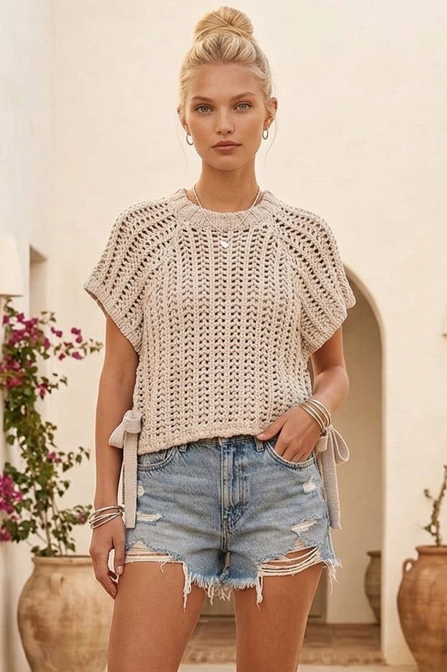 CHUNKY KNIT CROCHET SWEATER TOP WITH SIDE TIES W1551TIB
