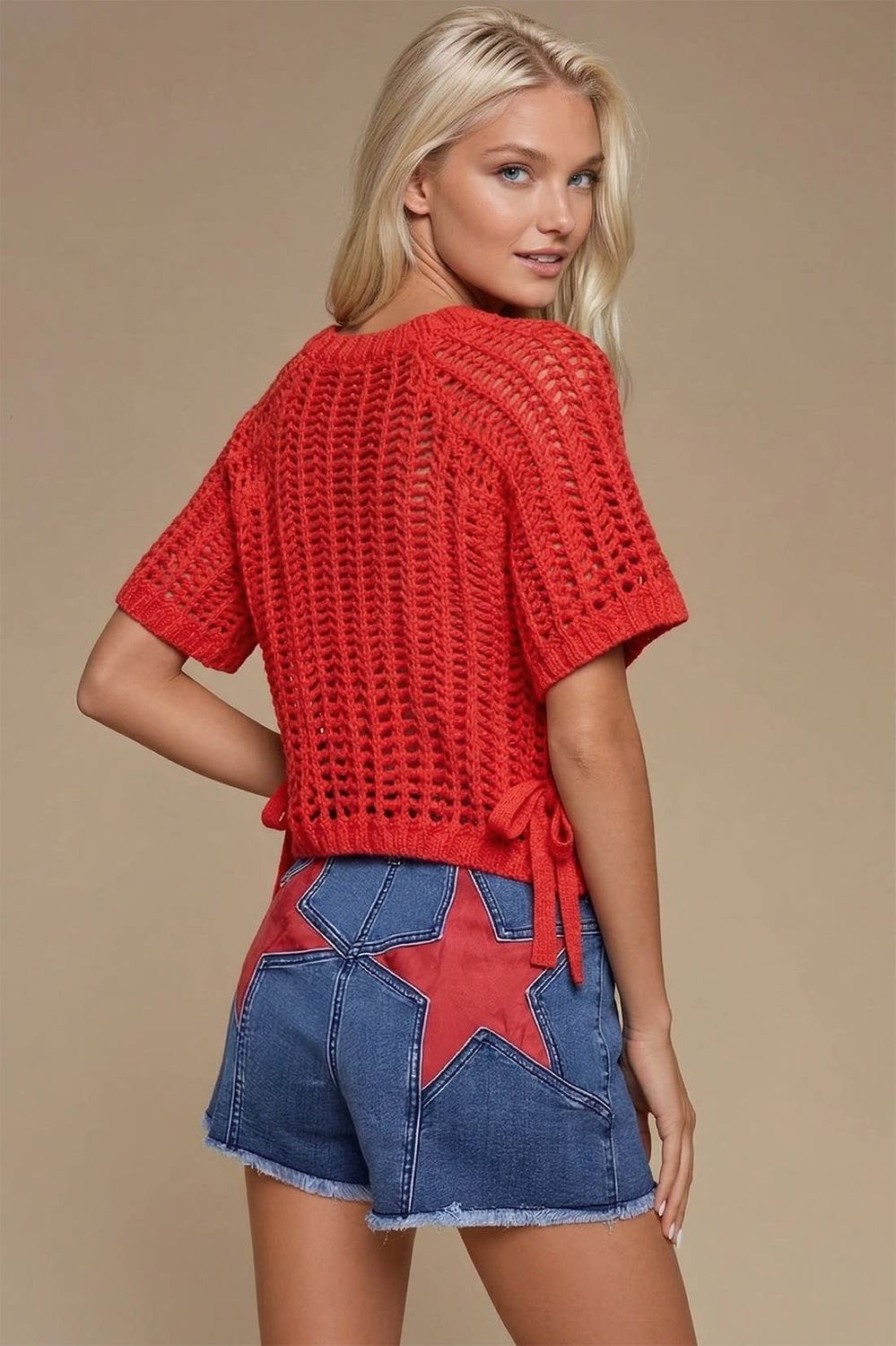 CHUNKY KNIT CROCHET SWEATER TOP WITH SIDE TIES W1551TIB