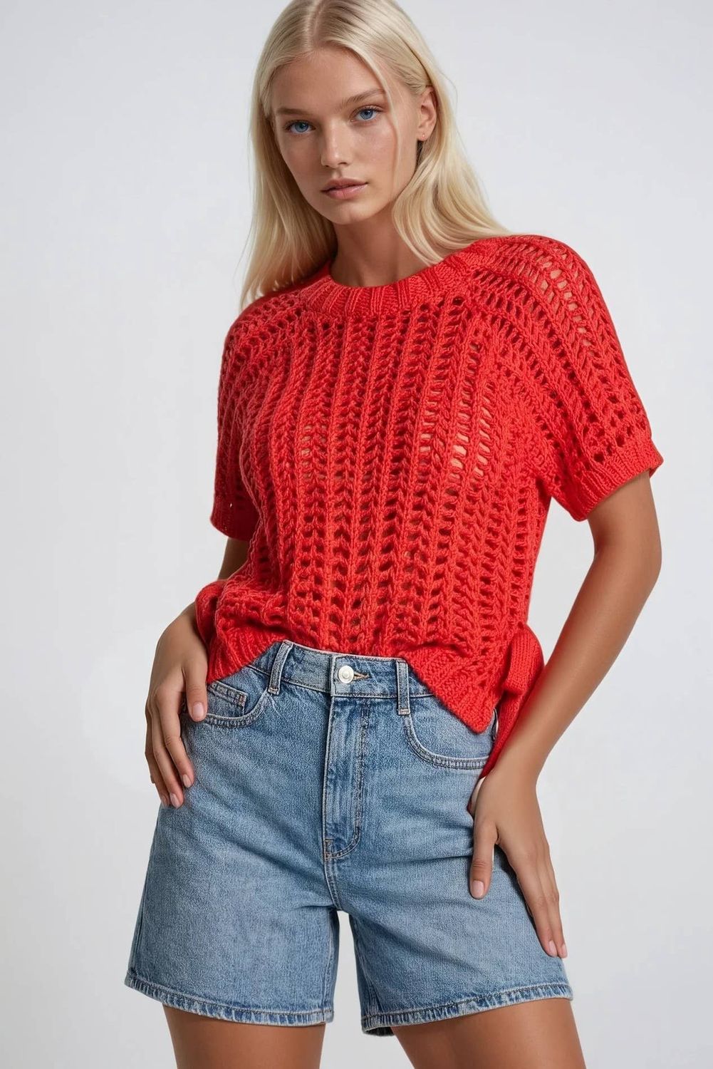 CHUNKY KNIT CROCHET SWEATER TOP WITH SIDE TIES W1551TIB