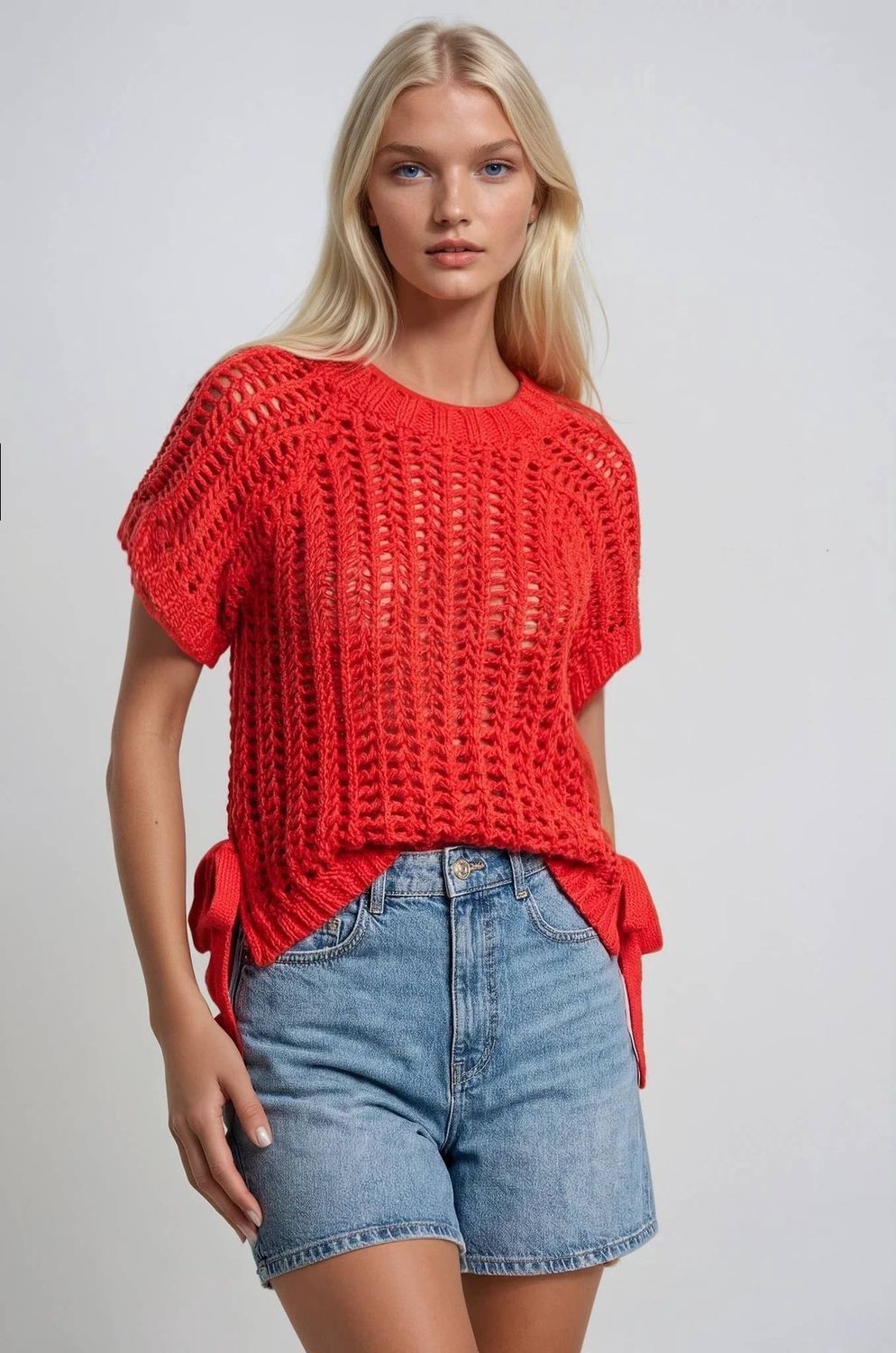CHUNKY KNIT CROCHET SWEATER TOP WITH SIDE TIES W1551TIB
