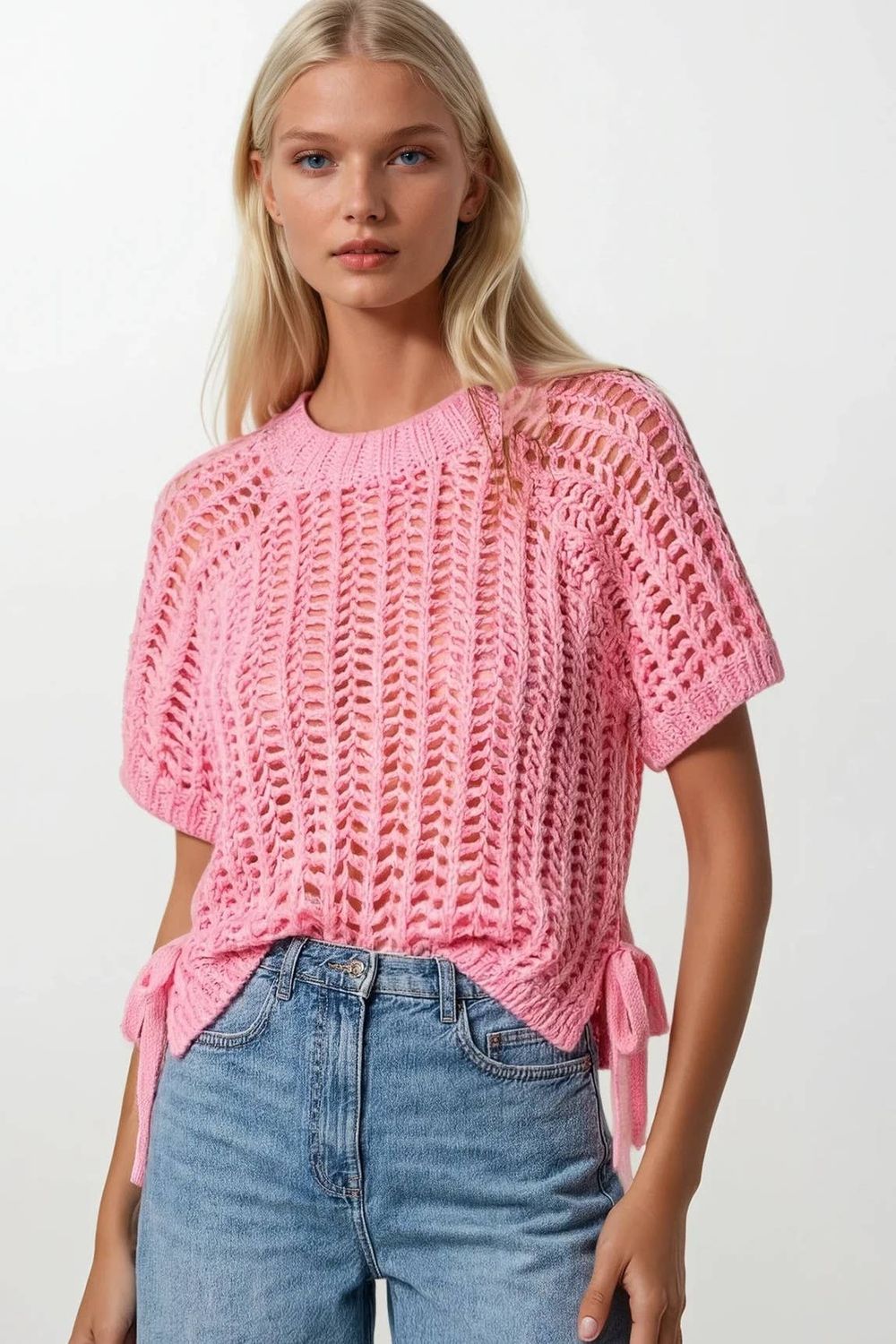 CHUNKY KNIT CROCHET SWEATER TOP WITH SIDE TIES W1551TIB