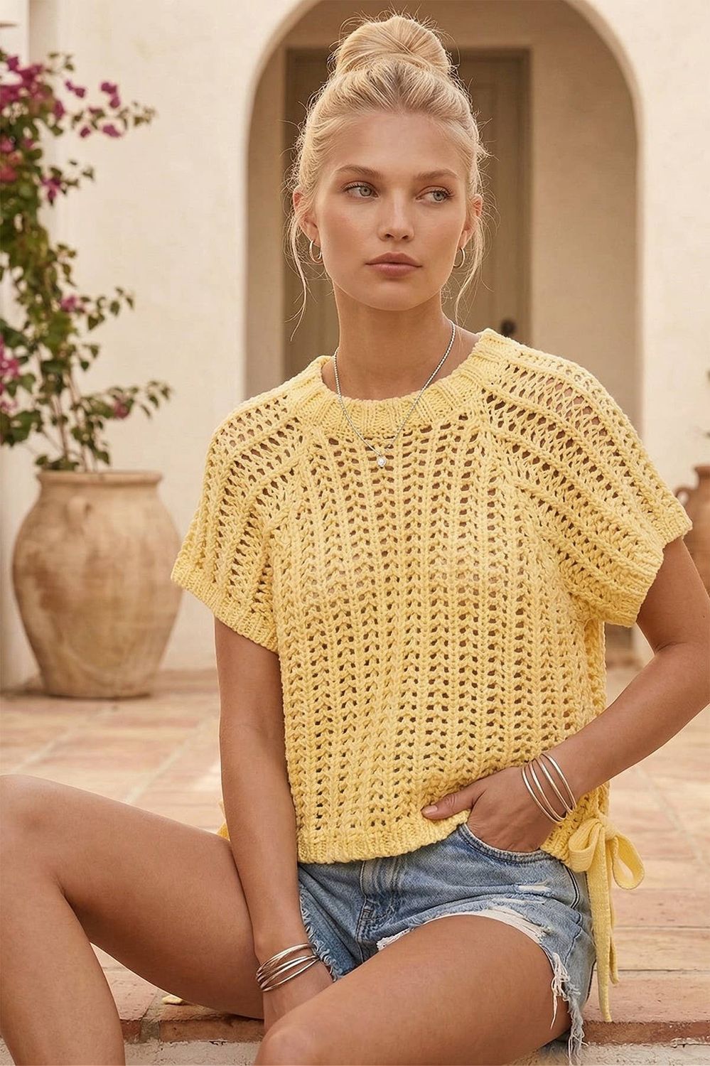 CHUNKY KNIT CROCHET SWEATER TOP WITH SIDE TIES W1551TIB, Color: Yellow, Size: L
