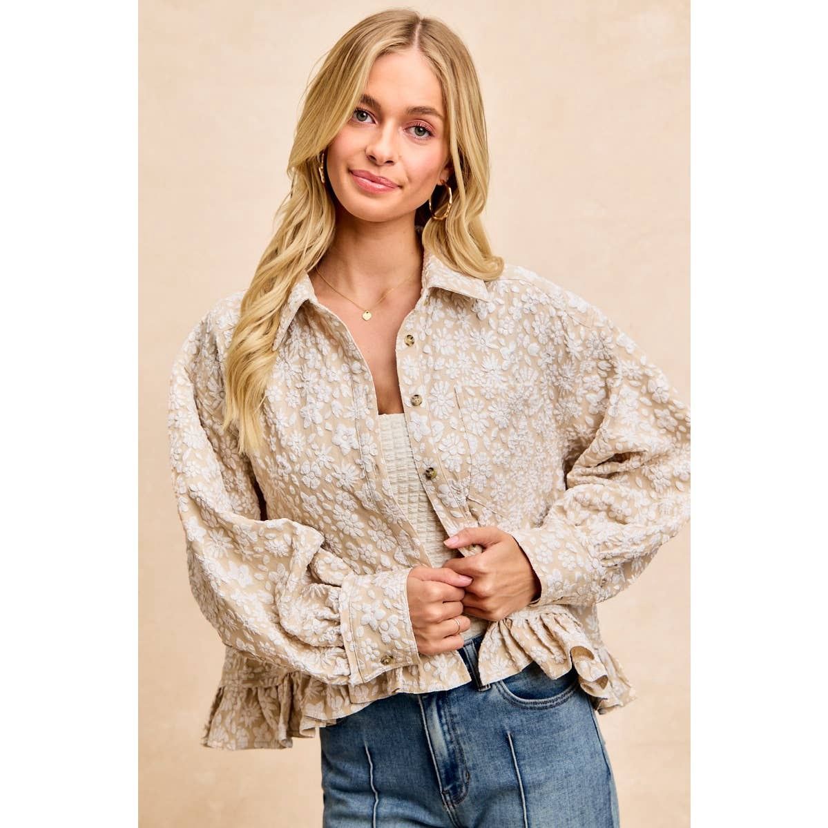 TEXTURED FLORAL PATTERN RUFFLED HEM SHIRT TOP