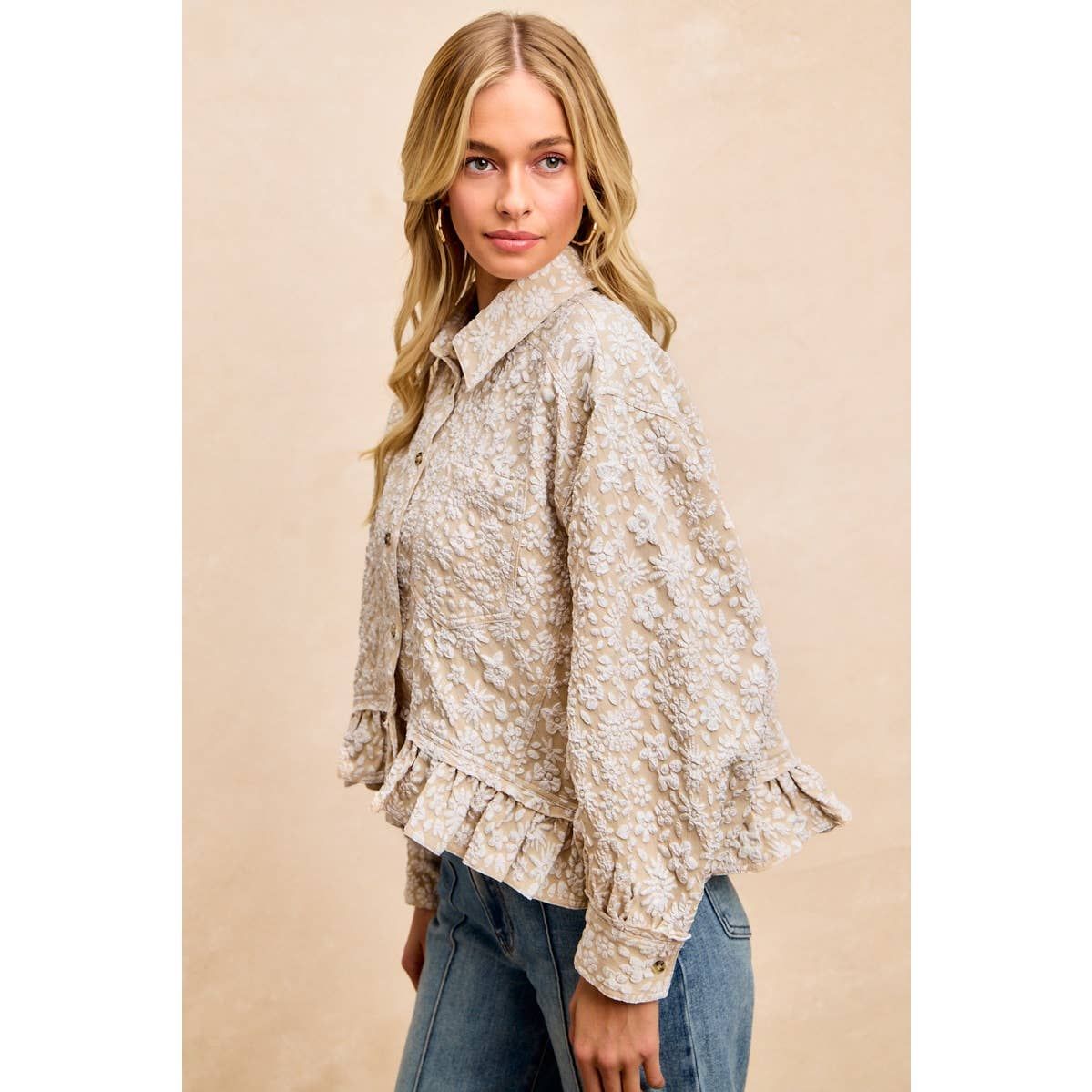 TEXTURED FLORAL PATTERN RUFFLED HEM SHIRT TOP