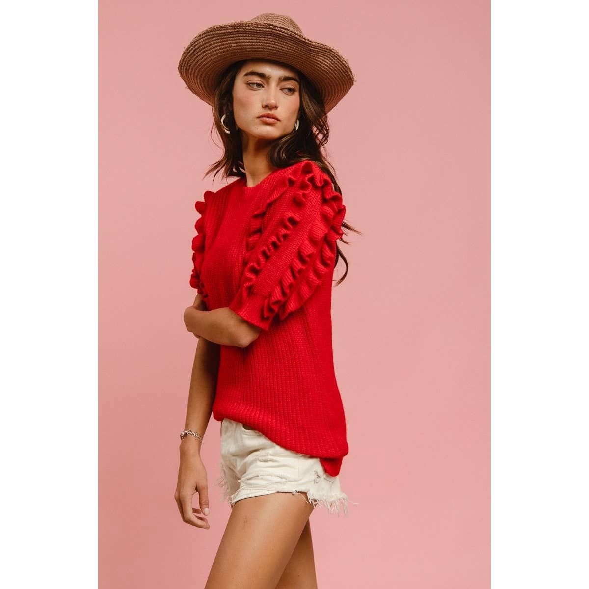 SOLID KNIT RUFFLED SLEEVES TOP