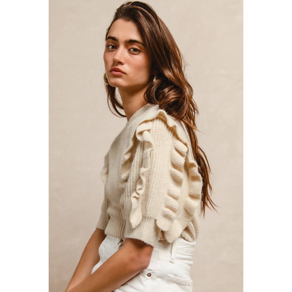 SOLID KNIT RUFFLED SLEEVES TOP, Size: XL