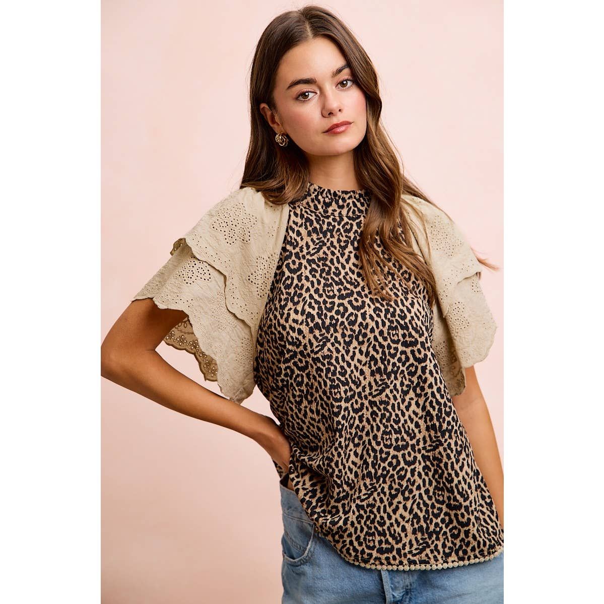TEXTURED LEOPARD PRINTED LACE SLEEVE BLOUSE TOP