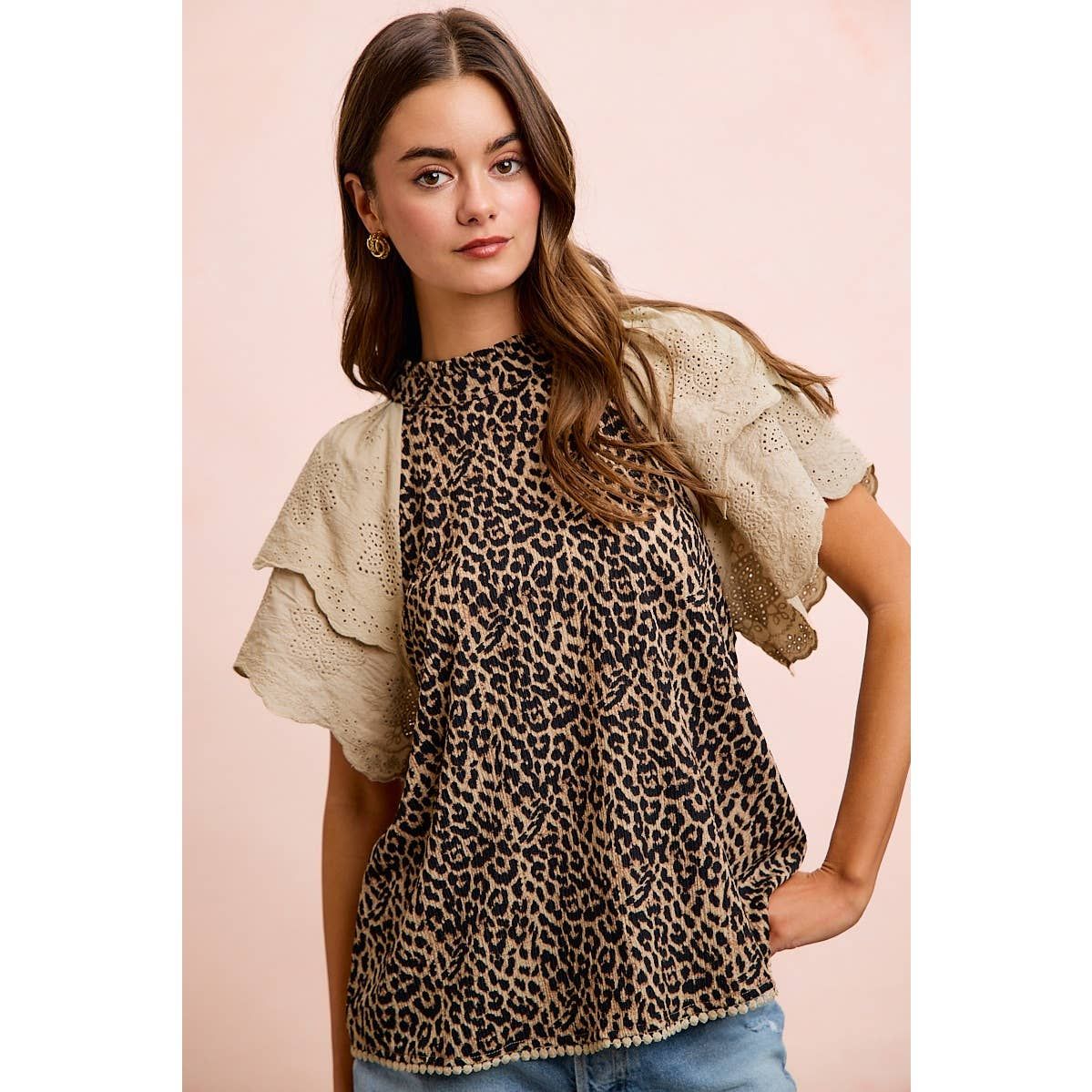 TEXTURED LEOPARD PRINTED LACE SLEEVE BLOUSE TOP, Color: LEOPARD, Size: S