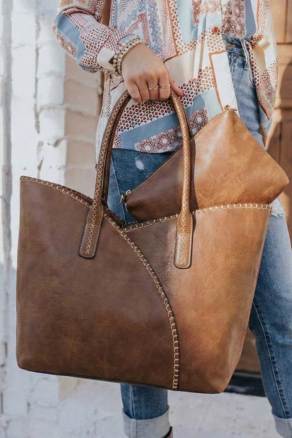 COL001-2 2-in-1 Stitch Trim Detail Shoulder/Tote Set Bag, Color: Coffee
