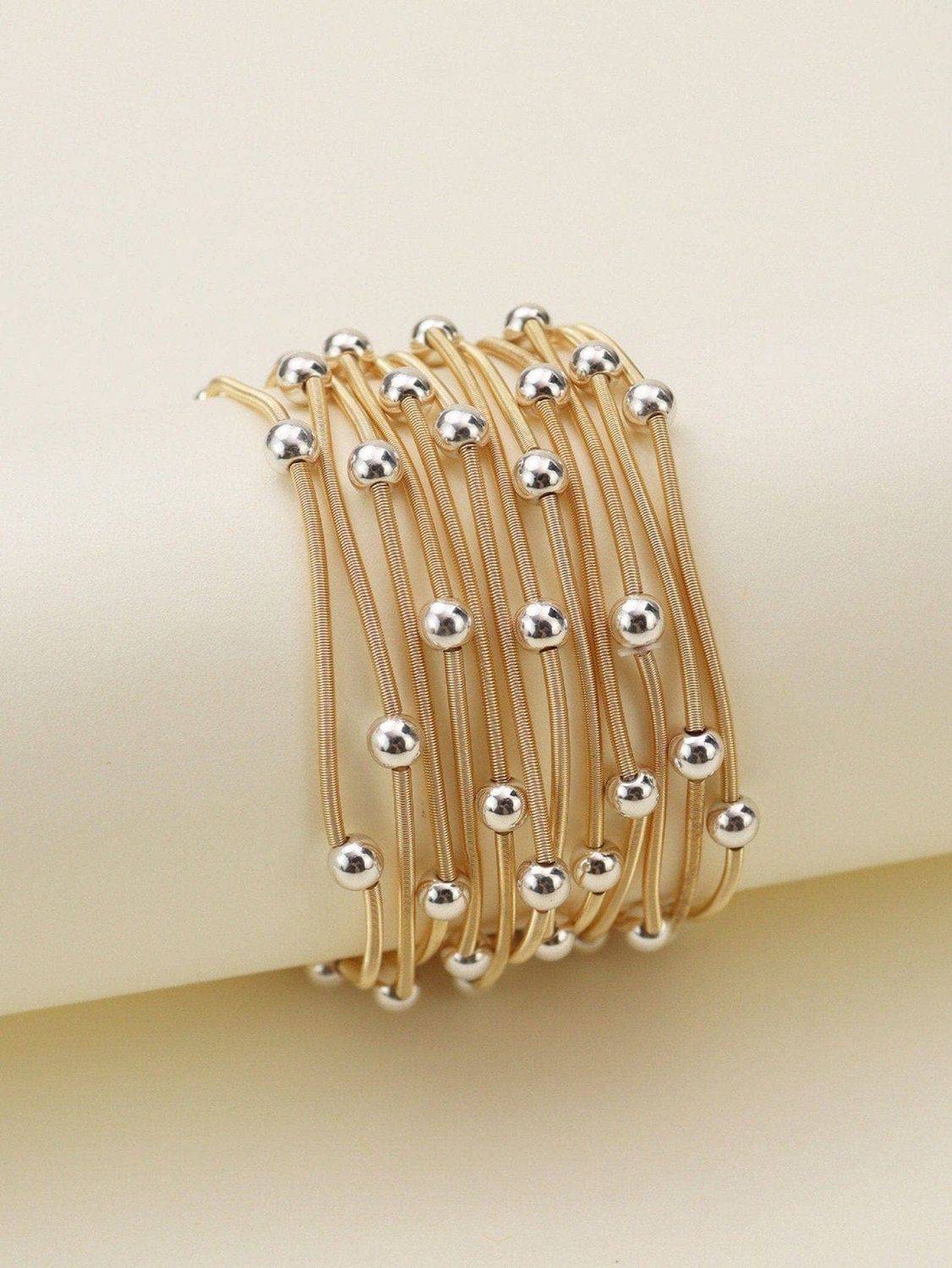 CB2175 Metallic Beads And Coils Bracelet Set, Color: Gold Silver