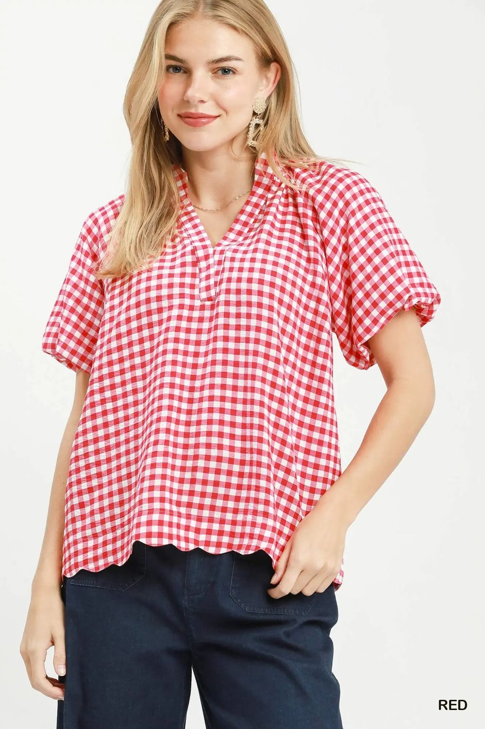 red gingham print top