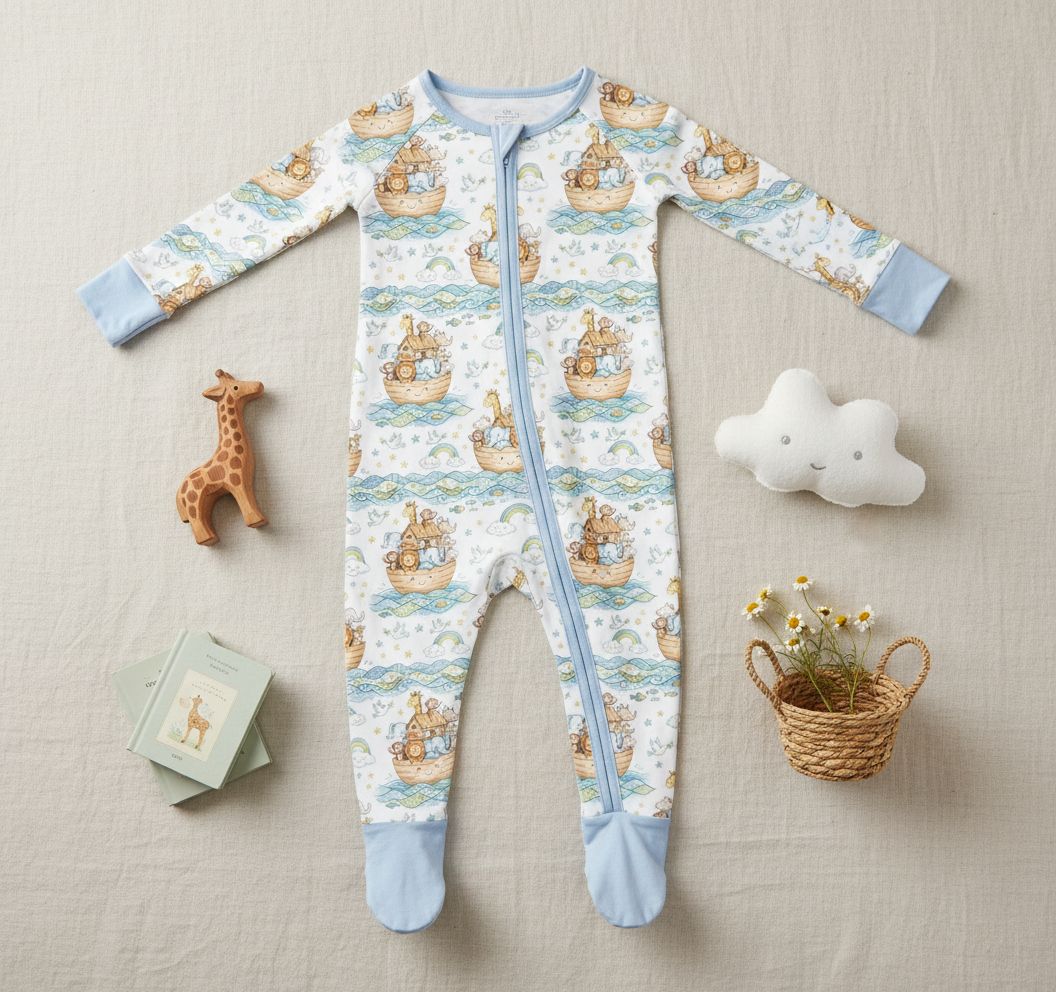 Noah's Ark bamboo zip pajama, Size: 3-6 months