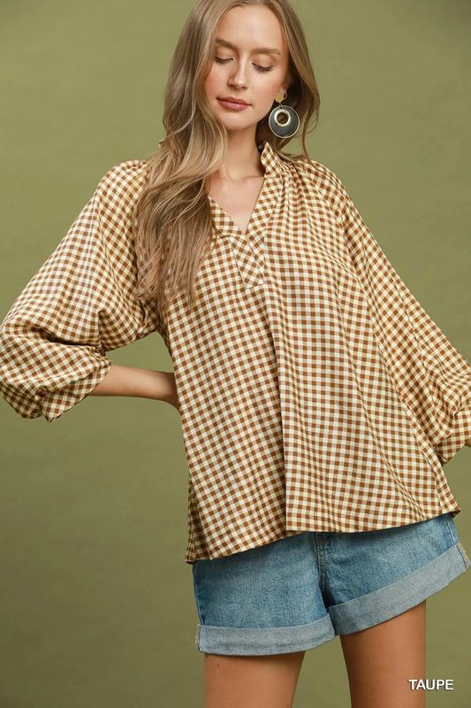 Gingham Check Puff Sleeve Blouse