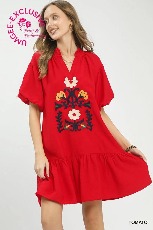 Embroidered Floral Ruffle Hem Babydoll Dress