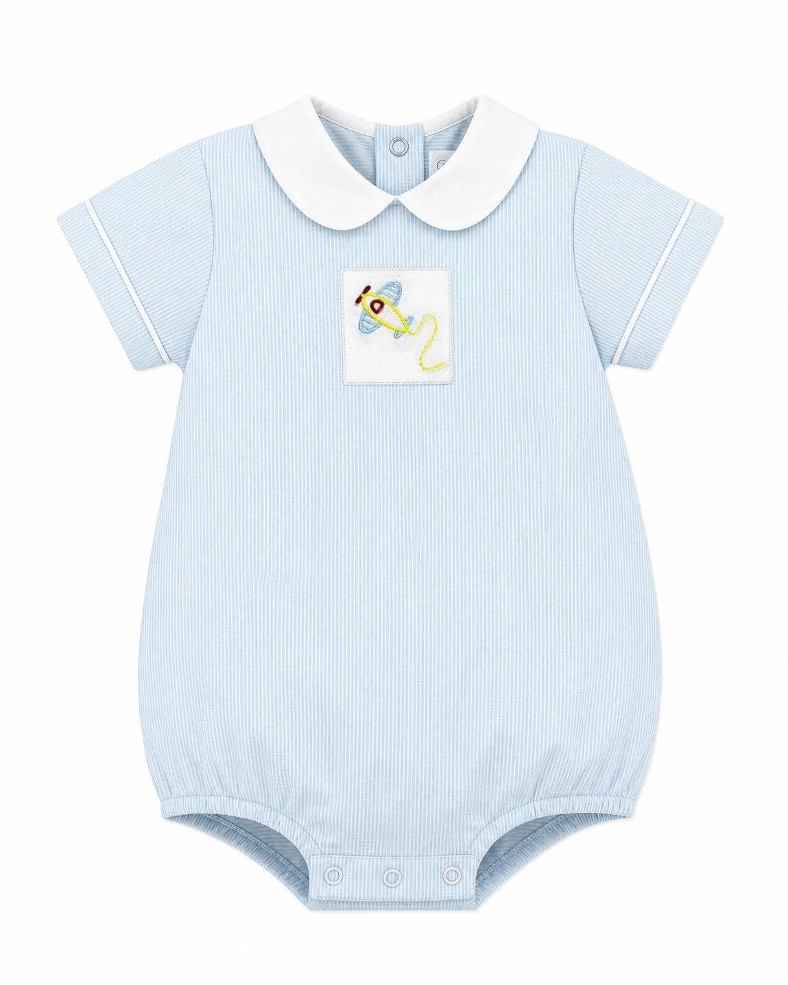 Striped Baby Boy Bubble Romper With Airplane Embroidery