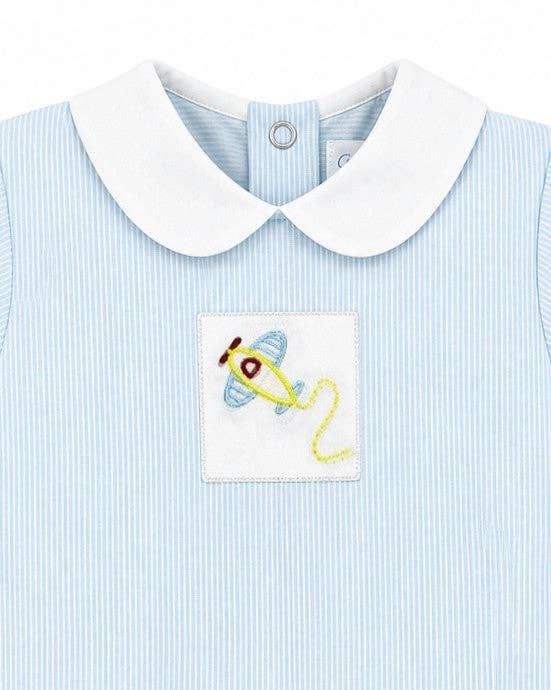 Striped Baby Boy Bubble Romper With Airplane Embroidery