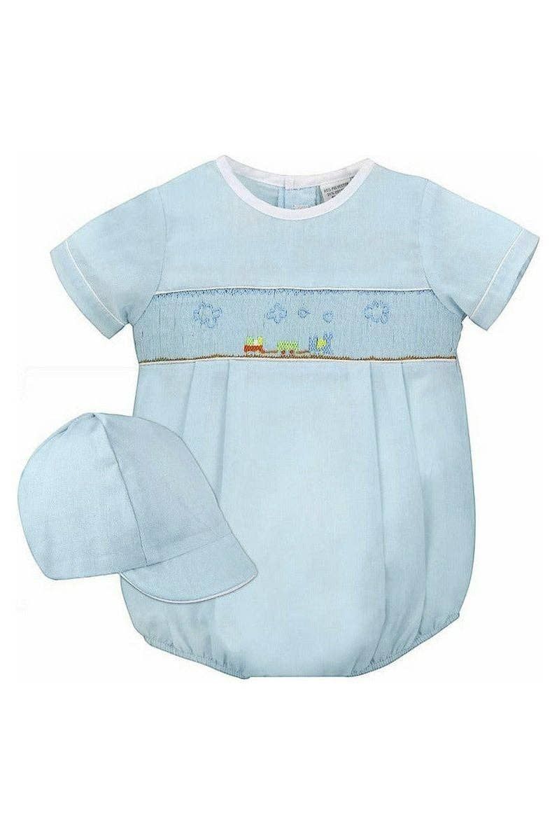 Baby Boy Smocked Train Bubble With Matching Hat