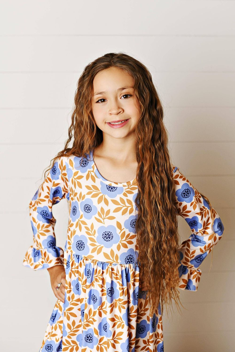 Girls Fall Olivia Periwinkle Heirloom Floral 3 Ruffle Dress