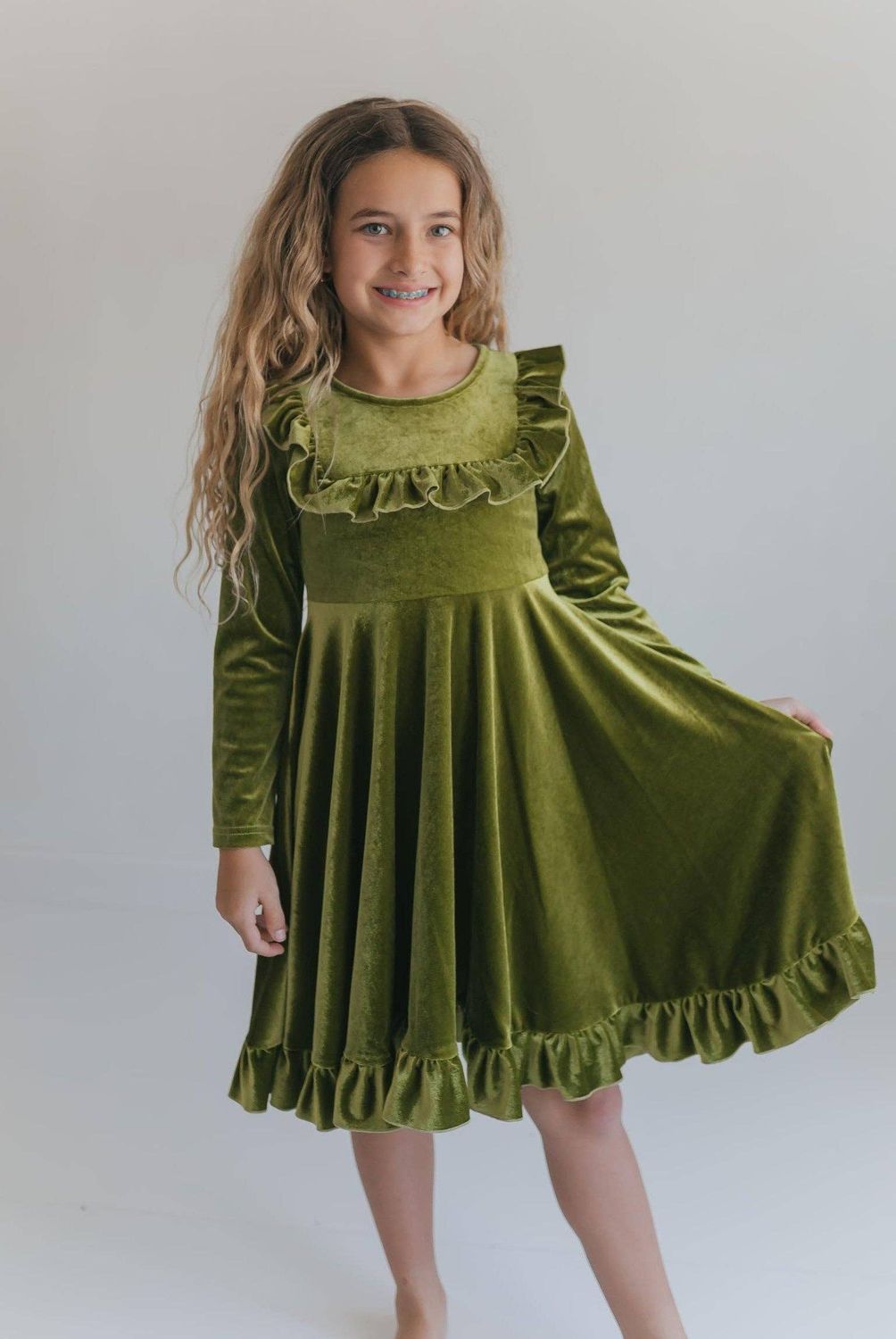 Girls Brooke Green Fir Velvet Holiday Winter Twirl Dress