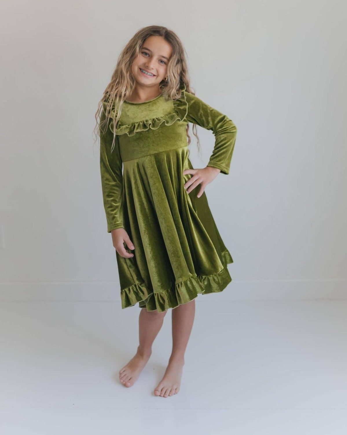Girls Brooke Green Fir Velvet Holiday Winter Twirl Dress