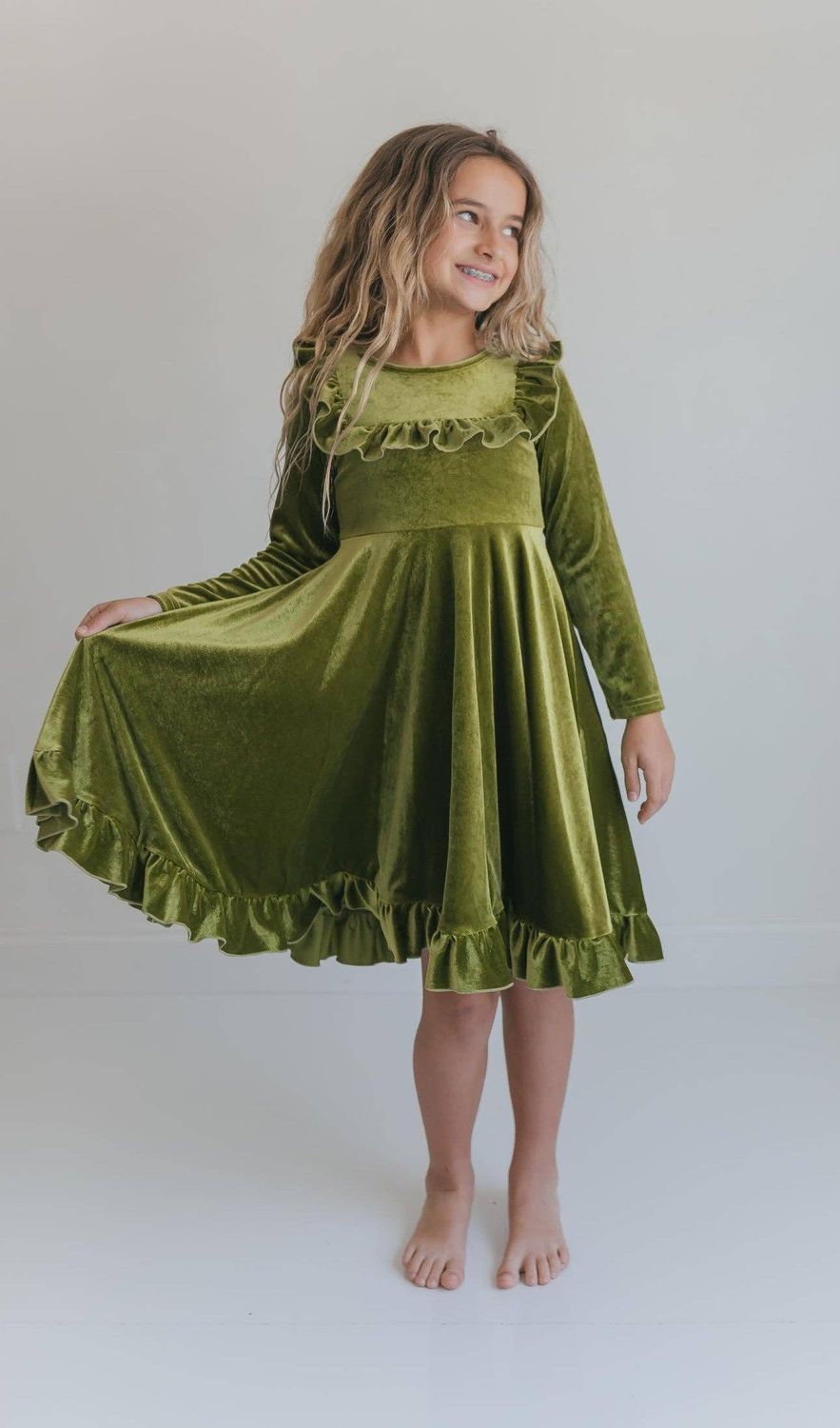 Girls Brooke Green Fir Velvet Holiday Winter Twirl Dress