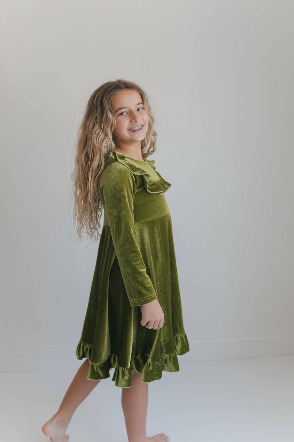 Girls Brooke Green Fir Velvet Holiday Winter Twirl Dress