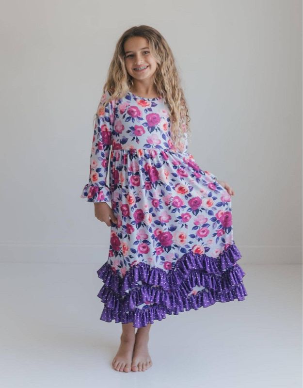 Girls Fall Olivia Purple Winter Garden Floral 3 Ruffle Dress