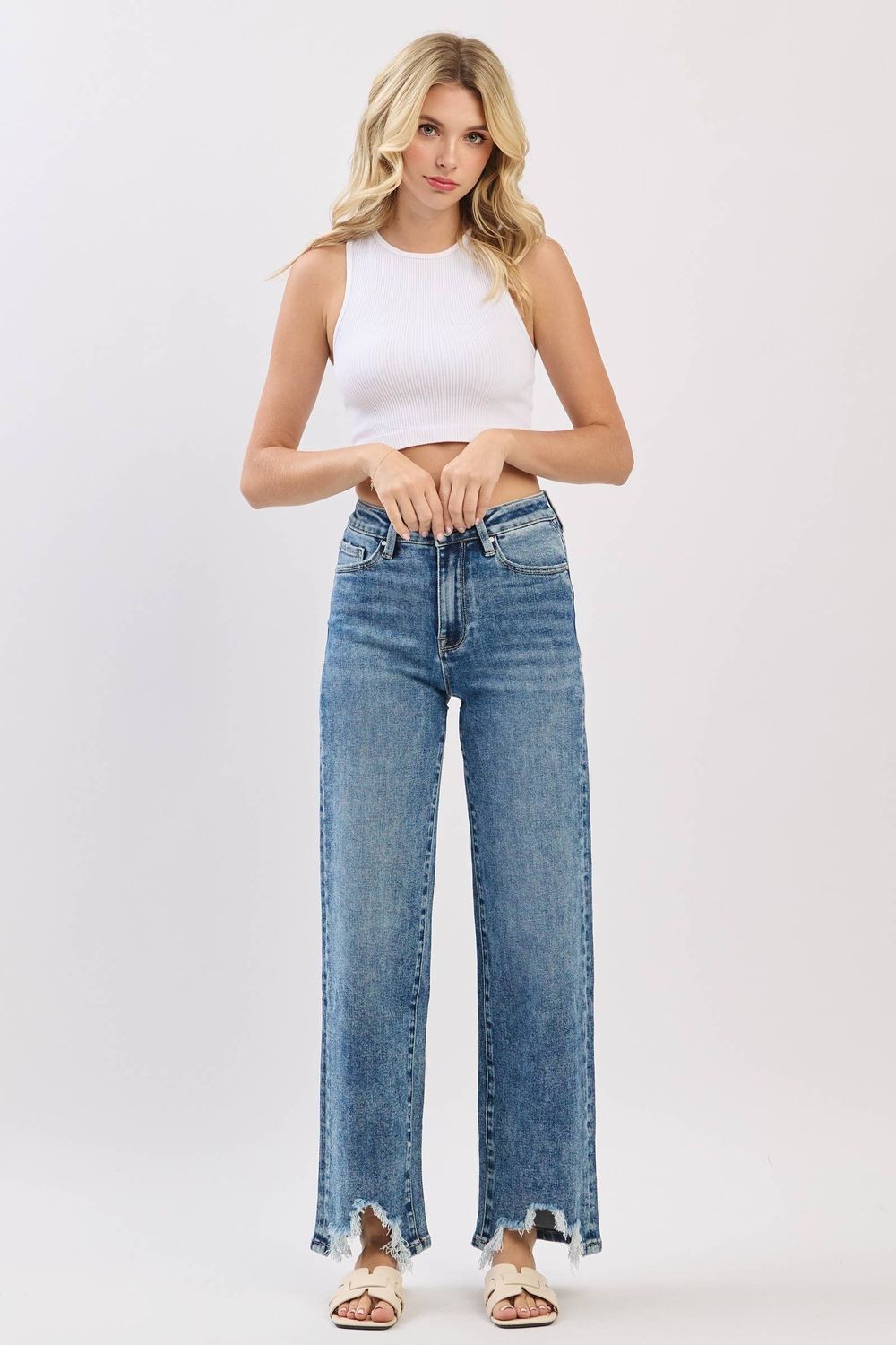 P1544W-MA HIGH RISE SLIM WIDE LEG W/ DESTROYED HEM JEANS