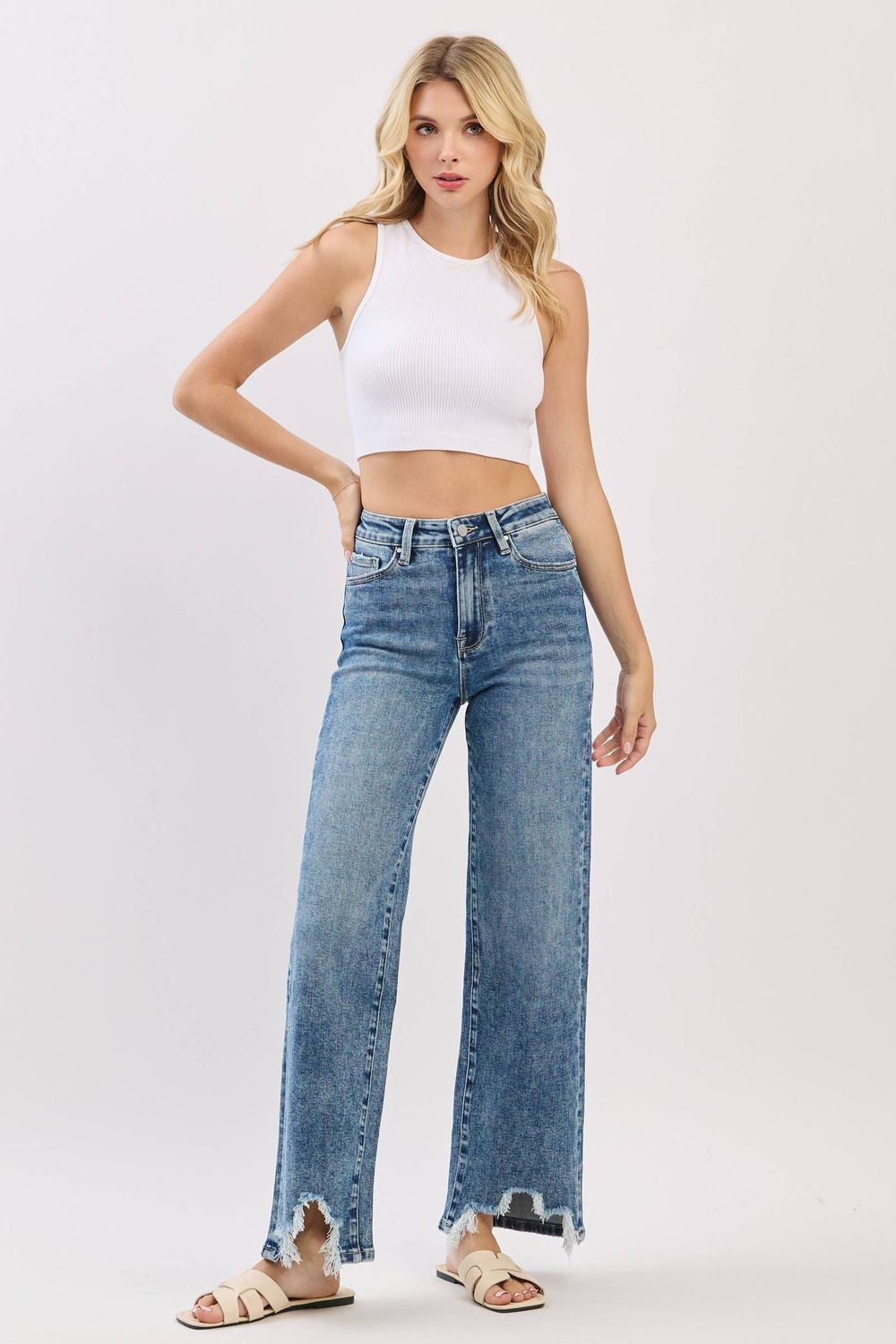 P1544W-MA HIGH RISE SLIM WIDE LEG W/ DESTROYED HEM JEANS