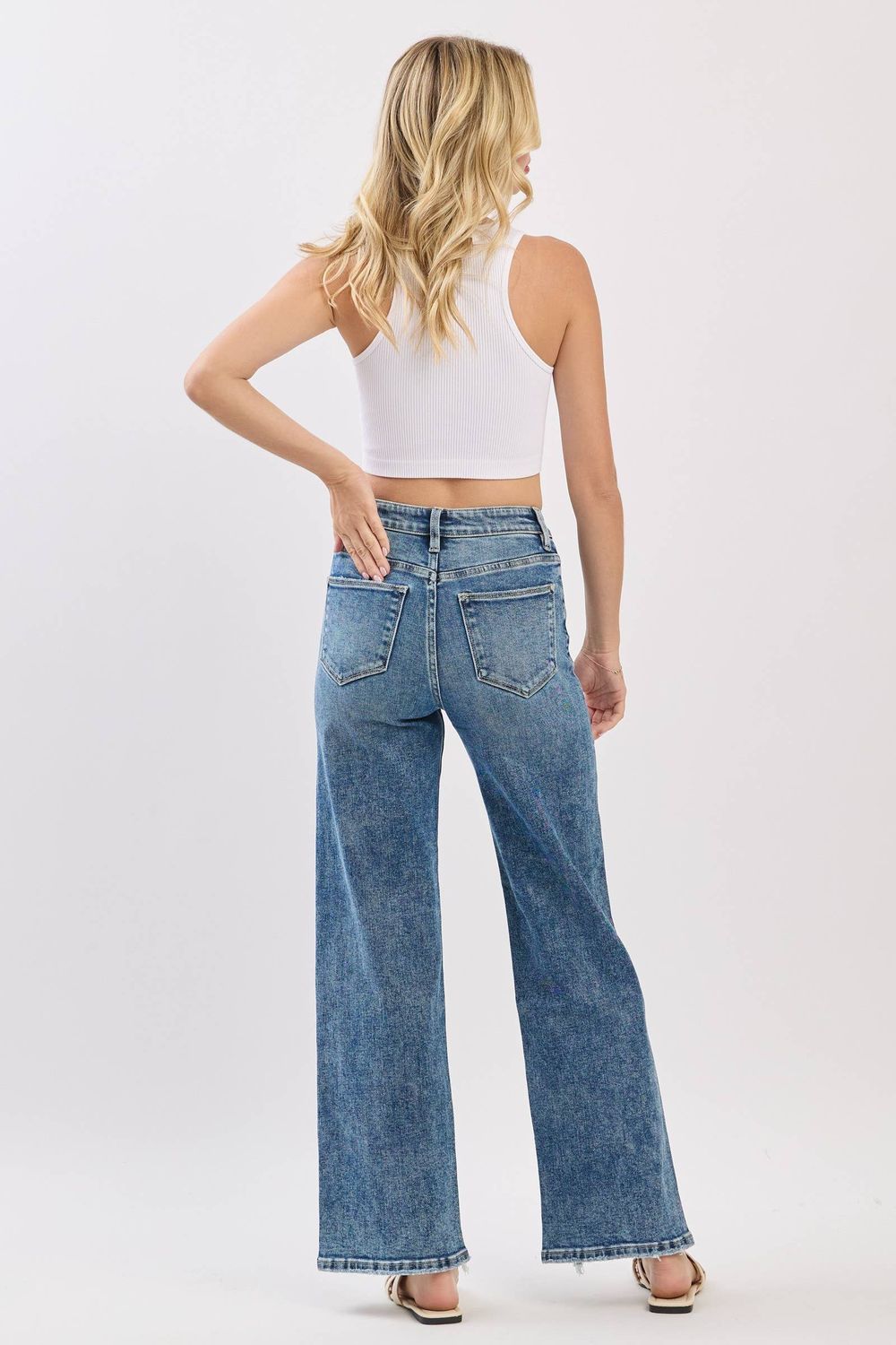 P1544W-MA HIGH RISE SLIM WIDE LEG W/ DESTROYED HEM JEANS