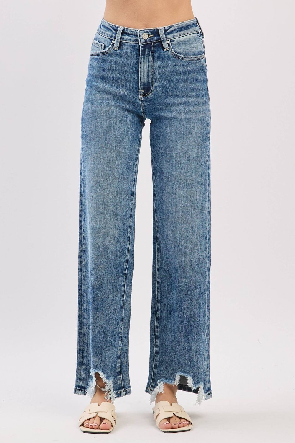 P1544W-MA HIGH RISE SLIM WIDE LEG W/ DESTROYED HEM JEANS