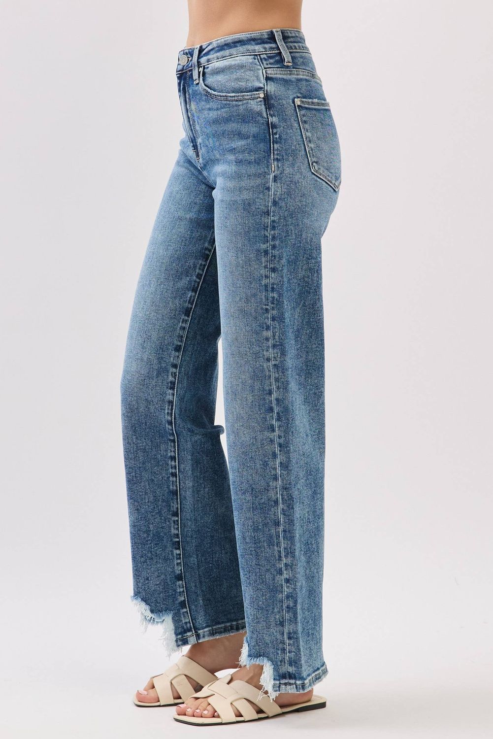 P1544W-MA HIGH RISE SLIM WIDE LEG W/ DESTROYED HEM JEANS