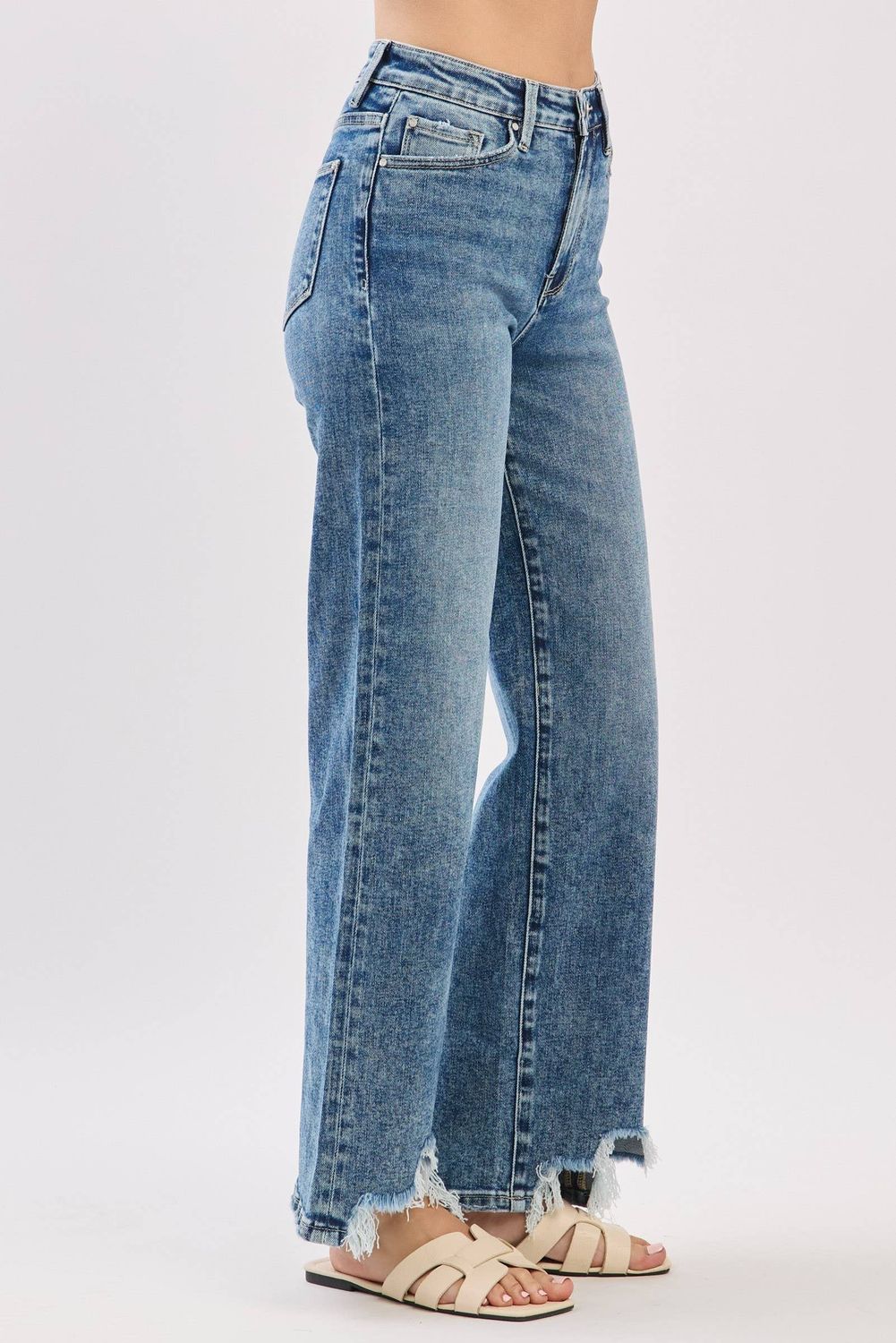 P1544W-MA HIGH RISE SLIM WIDE LEG W/ DESTROYED HEM JEANS
