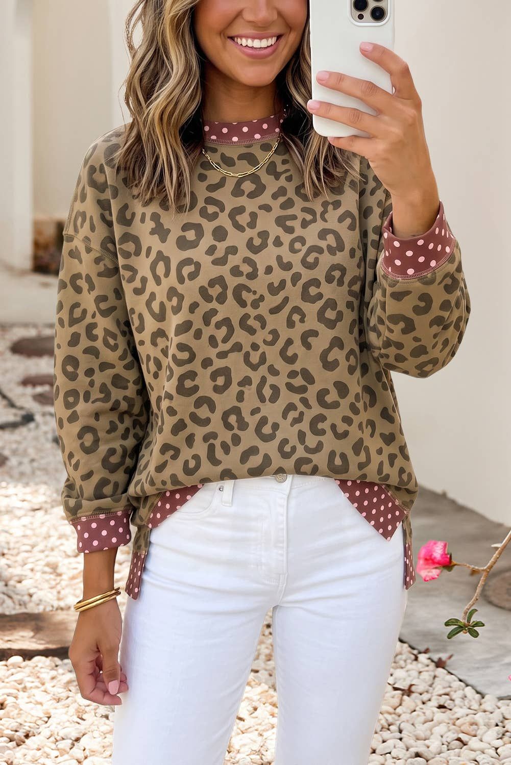 Polka Dot Colorblock Leopard Long Sleeve Tunic Blouse |S-4X, Color: Brown, Size: M