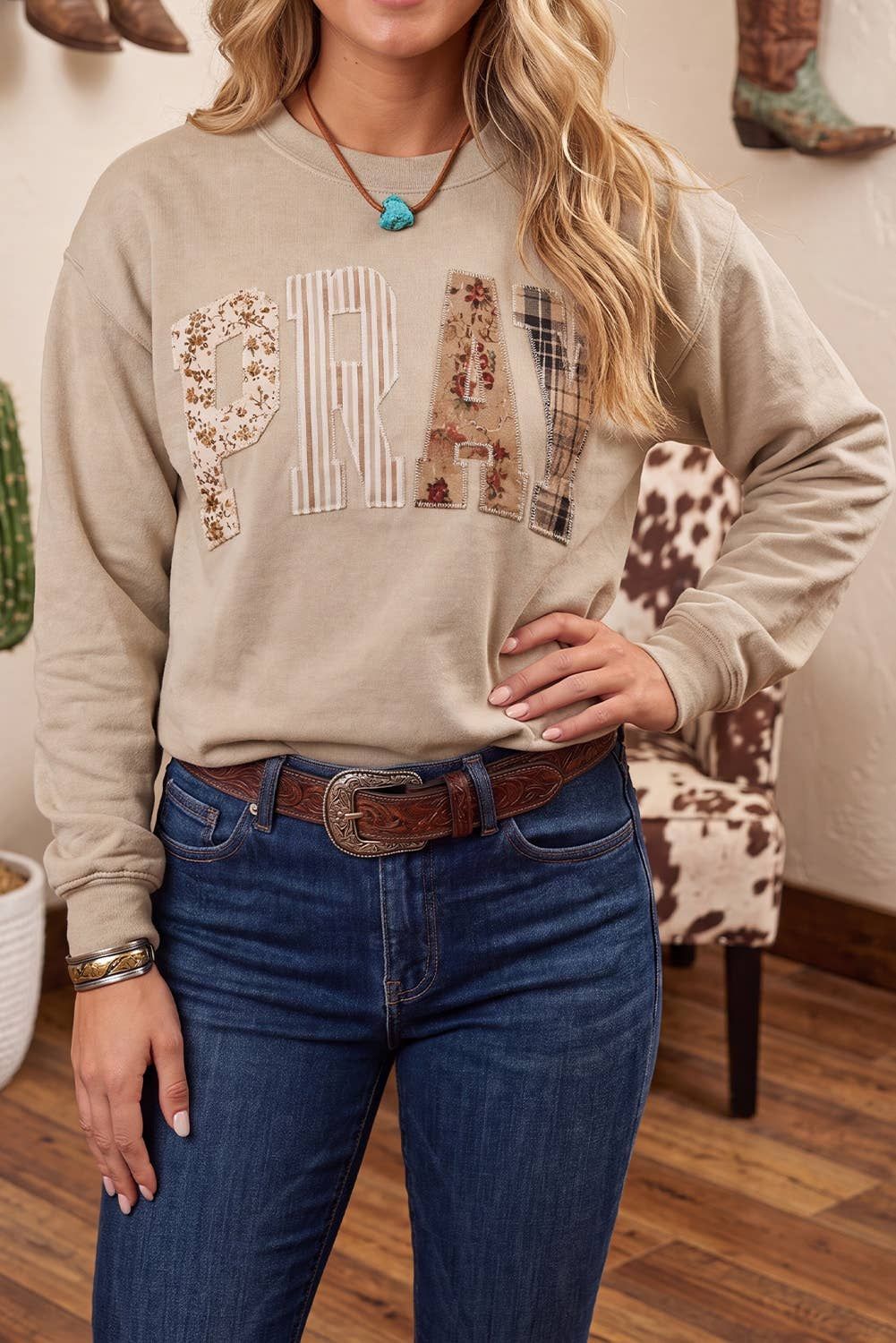 Striped PRAY Embroidered Patch Western Sweatshirt | S-4X, Color: Parchment, Size: L