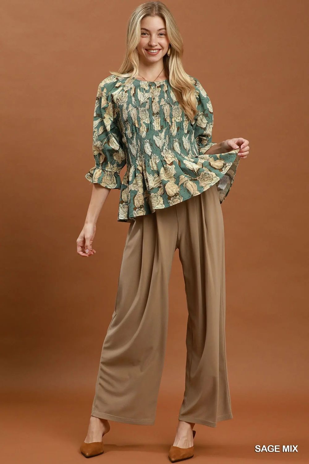Mix Floral Smocked Yoke Ruffle Sleeve Blouse