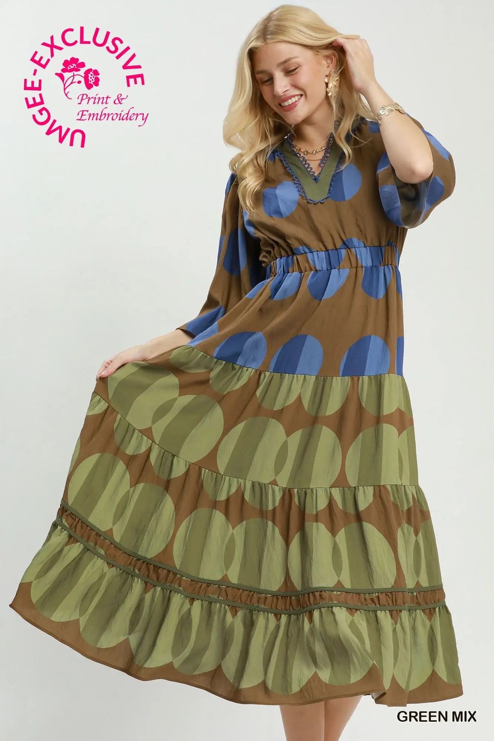 Mix Polka Dot Tiered Boho Midi Dress