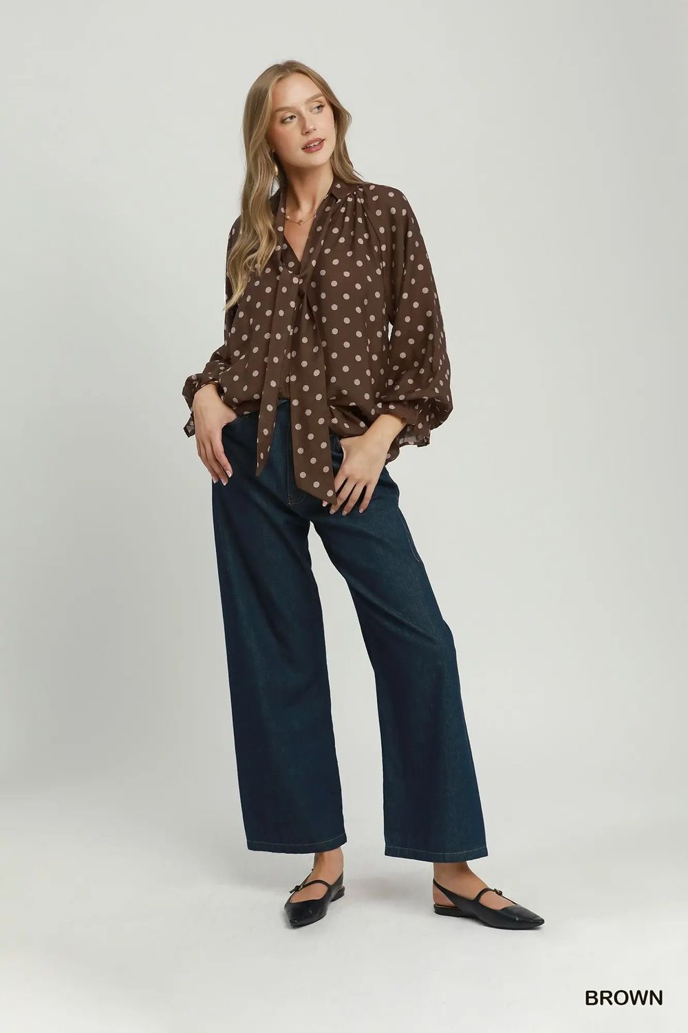 Polka Dot Split Neck Blouse with Ruffle Cuffs