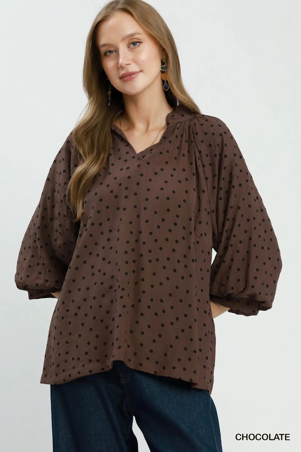 Polka Dot Textured Puff Sleeve Blouse