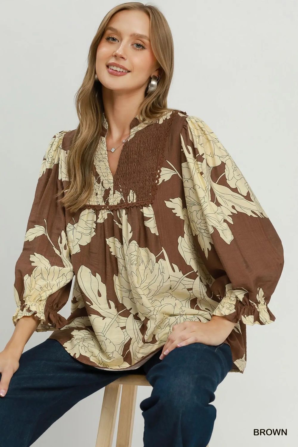 Floral Smocked Yoke Peasant Blouse