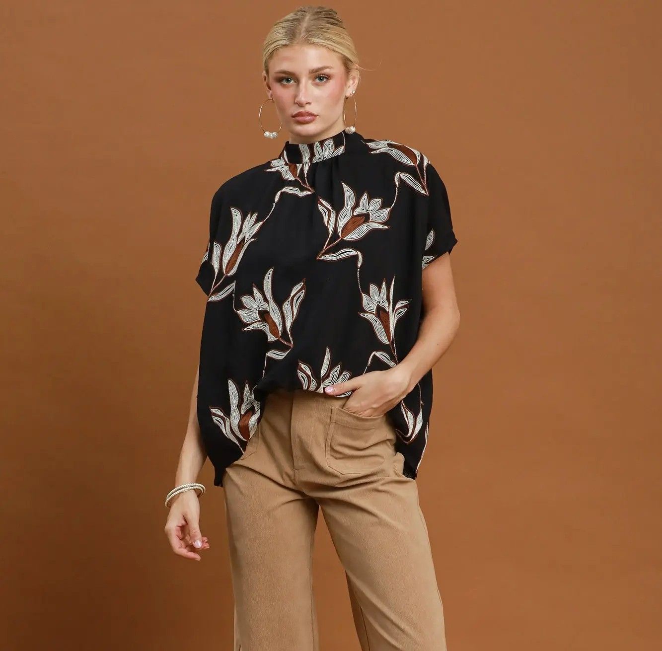 Embroidered Floral Mock Neck Dolman Sleeve Top