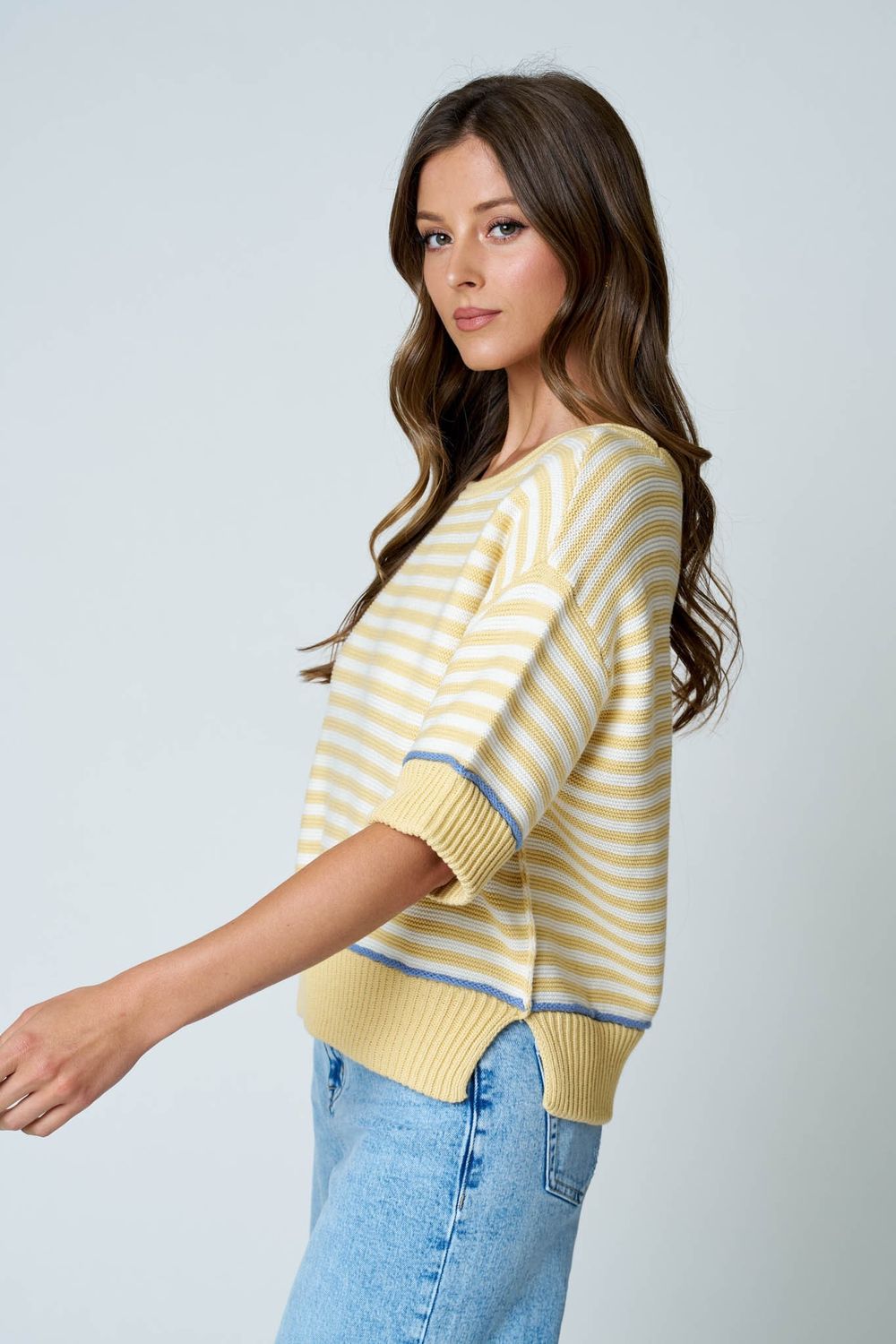 Stripe Raw Edge Detail Contrast Trim Sweater